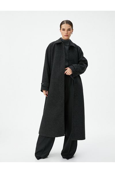 Koton Long Coat Belted Waist Pocket Shirt Collar