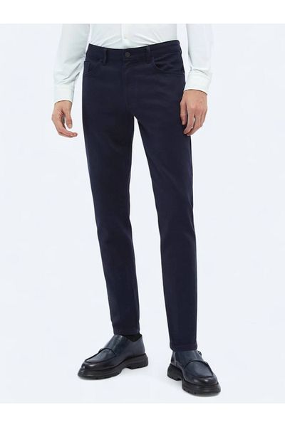 Kip Navy Blue Woven Slim Fit Casual Cotton Blend Trousers