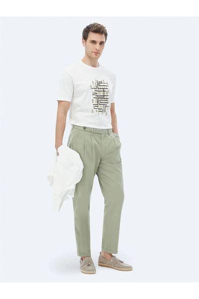 Kip Khaki Woven Carrot Fit Smart Casual 100% Cotton Trousers