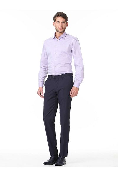 Kip Navy Blue Plain Weave Fitted Fit Classic Wool Blend Trousers