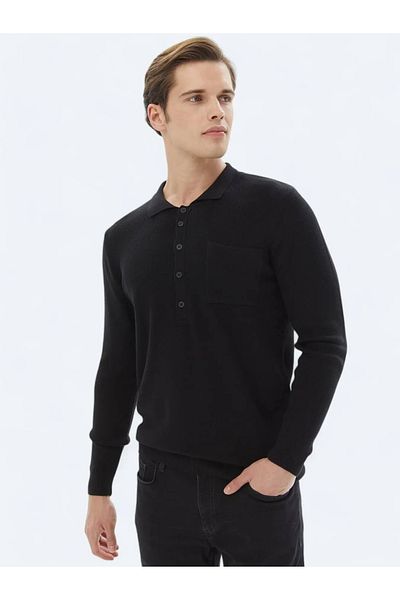 Kip Pulover tricotat din amestec de bumbac Thessaloniki cu gât polo negru