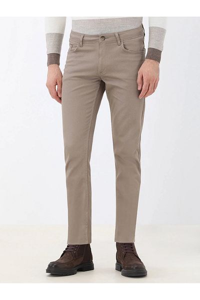 Kip Hazelnut Plain Weave Slim Fit Casual Cotton Blend Trousers