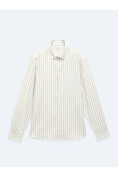 Kip Μπεζ ριγέ Regular Fit Woven Casual βαμβακερό πουκάμισο