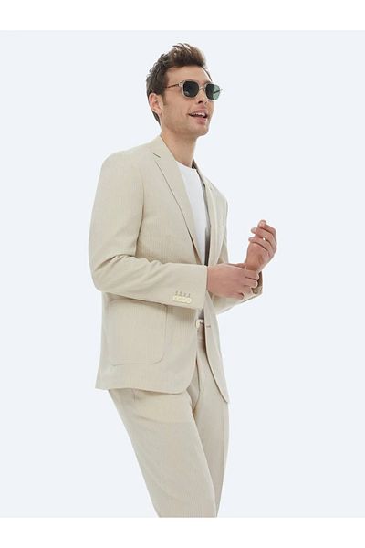Kip Beige Striped Modern Fit Suit