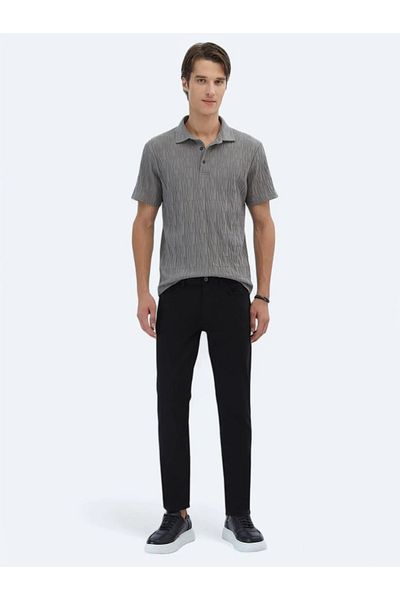 Kip Anthracite Patterned Polo Neck 100% Cotton T-Shirt