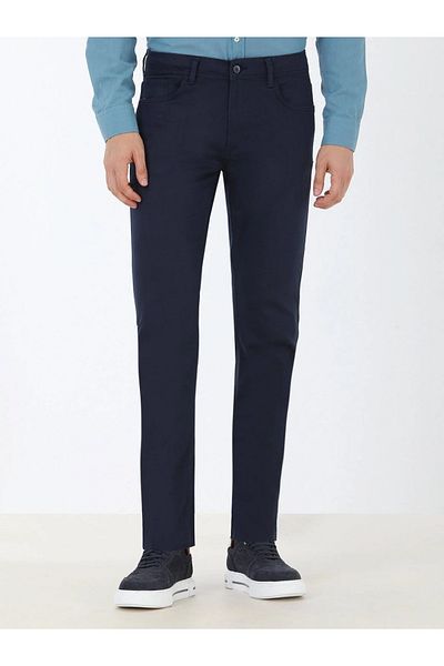 Kip Navy Blue Plain Woven Slim Fit Casual Cotton Blended Trousers