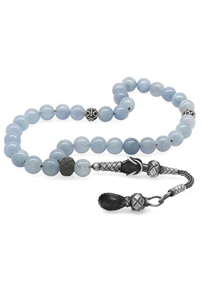 Tesbihane Χάντρες προσευχής από φυσική πέτρα Aquamarin 1000 ασήμι 925 με φούντα και σφαίρα κοπής