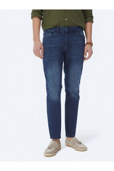 Kip Navy Blue Slim Fit Denim-Cotton Blend Trousers