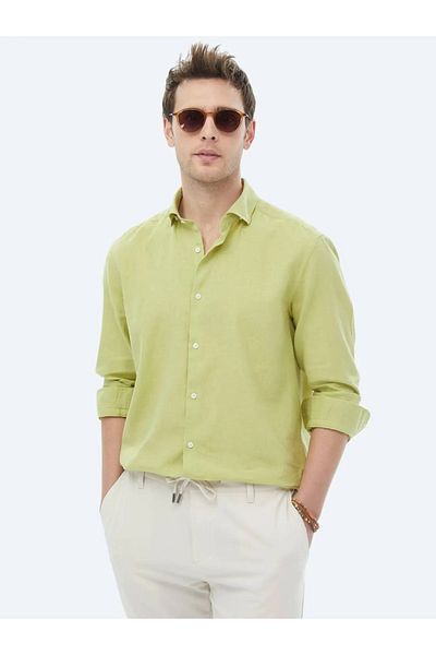 Kip Oil Green Plain Regular Fit Woven Casual Cotton Blended Shirt