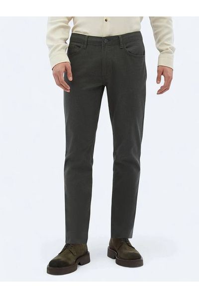 Kip Khaki Woven Slim Fit Casual Cotton Blend Trousers