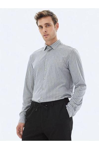 Kip Casual Gray Striped Cotton Blend Regular Fit Shirt