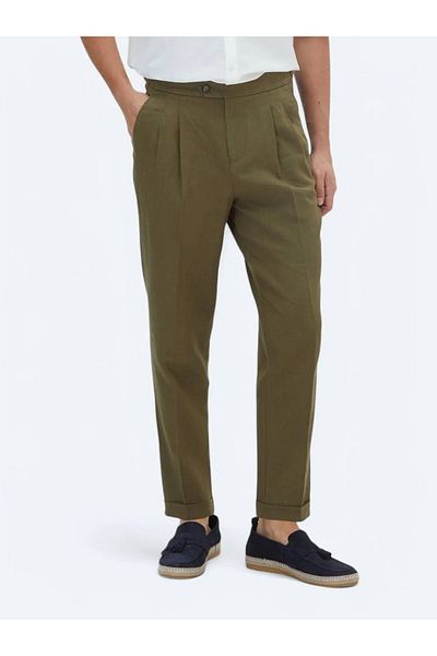 Kip Khaki Woven Carrot Fit Casual Trousers