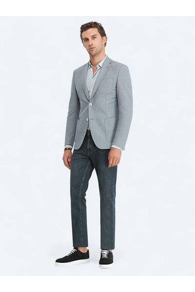 Kip Modern Fit Blue Cotton Blended Knitted Jacket