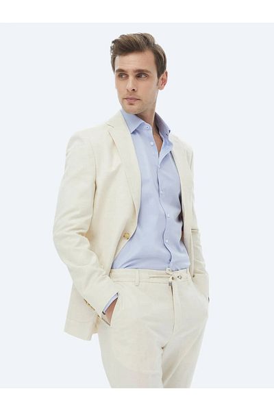 Kip Ecru Patterned Modern Fit Cotton Blended Suit