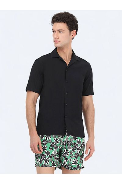Kip Casual Black Patterned Regular Fit Cotton Shirt