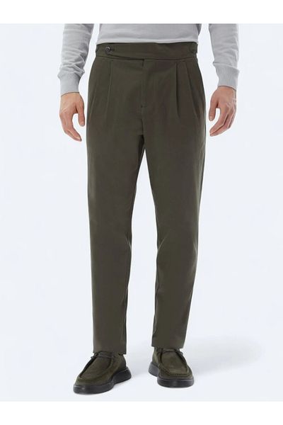 Kip Khaki Woven Carrot Fit Casual Cotton Blended Pants