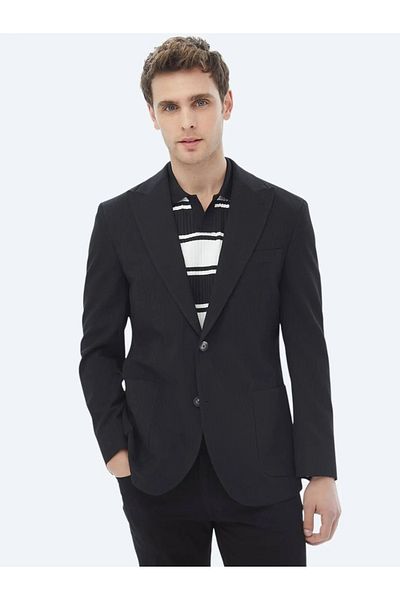 Kip Modern Fit Black Striped Cotton Blend Jacket