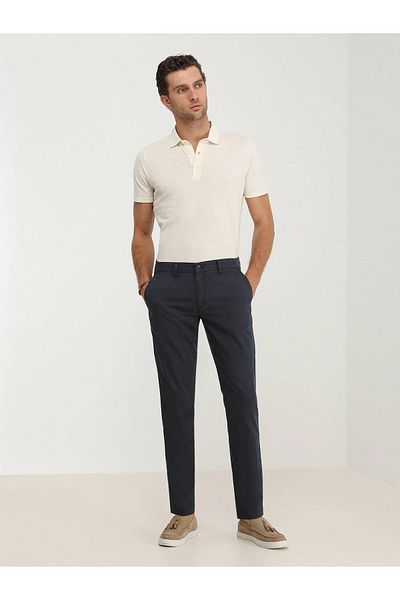 Kip Slim Fit Navy Blue Woven Casual Trousers