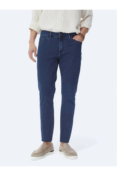 Kip Navy Blue Slim Fit Denim-Cotton Blend Trousers