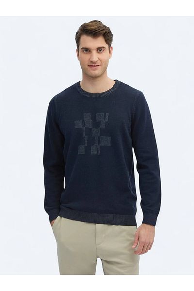 Kip Navy Blue Crew Neck Patterned Cotton Blend Sweater