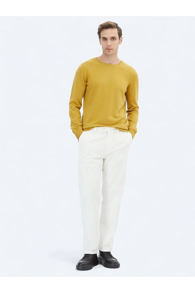 Kip Yellow Crew Neck Plain Knit Cotton Blended Sweater