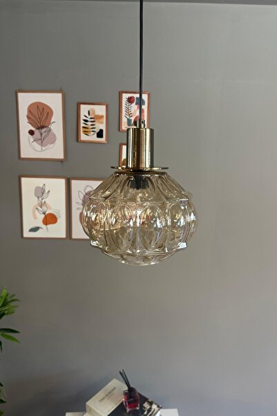 Bamyum Şila Cam Bal Rengi Tekli Avize U Eskitme Fener Başlık Retro Sarkıt Lamba Salon Aydınlatma