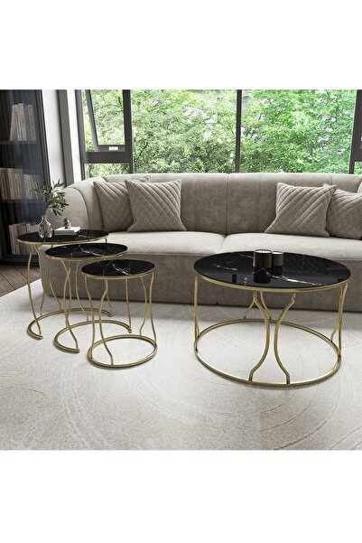 Puklife Rüya 4lü Zigon Ve Orta Sehpa Seti Gold Ayak - Mermer Desenli Kırılmaz...