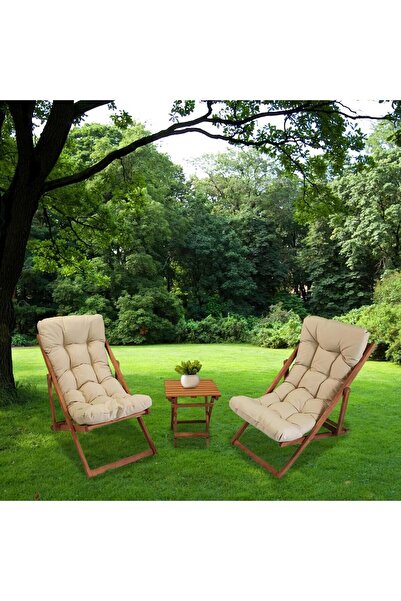 Pratico Ahşap Kademeli Dolgu Minderli Şezlong Takımı 3'lü Ahşap Şezlong Seti