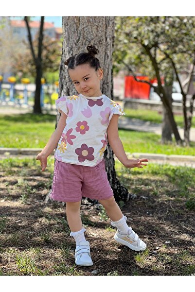 Pollito Set de 2 piese tricou cu volane și pantaloni scurți din muselină pentru fete