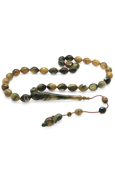 Tesbihane Systemed Barley Cut Pearlescent Green-Black Colorful Catalin Rosary