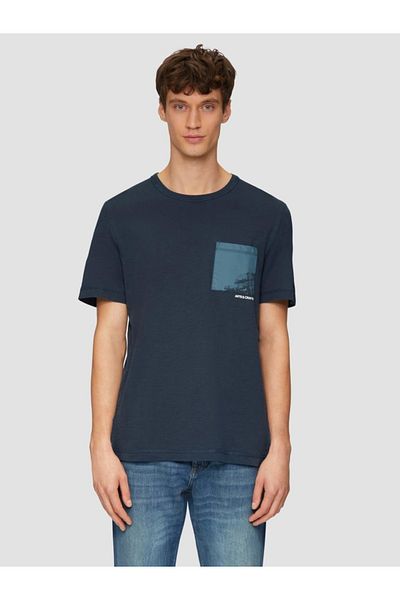 s.Oliver Tricou bărbătesc din bumbac, cu un buzunar, guler rotund și croială regulată, bleumarin închis, L
