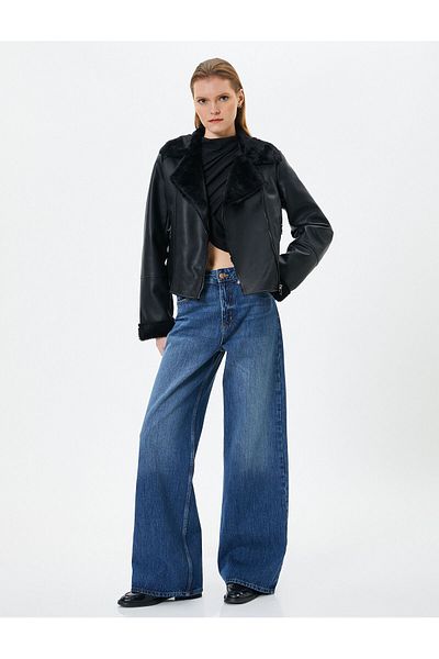 Koton Biker Jacket Faux Leather Εσωτερικό Faux Fur με φερμουάρ