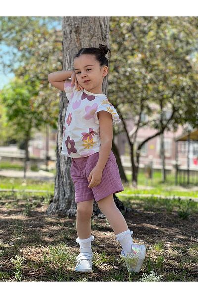 Pollito Girl's Floral Print Ruffle T-Shirt and Muslin Shorts Set of 2