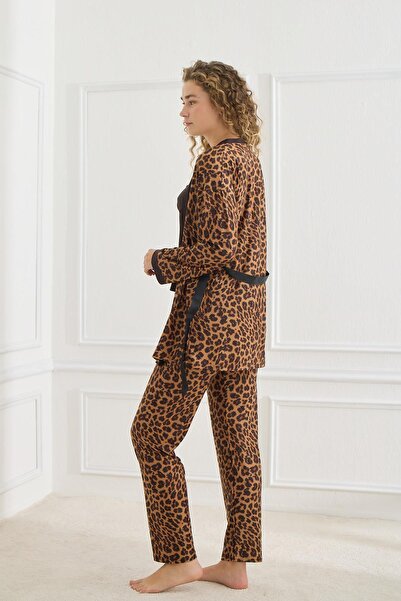 Kompedan Kadın Leopar Desen İp Askılı Sabahlıklı 3'lü Pijama Takımı | Siyah 30201-951