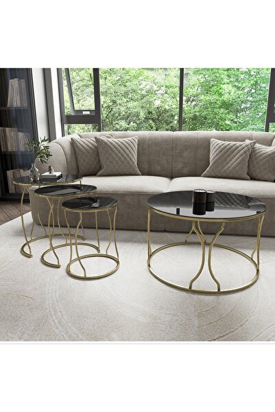 Puklife Rüya 4lü Zigon Ve Orta Sehpa Seti Gold Ayak - Füme Ayna