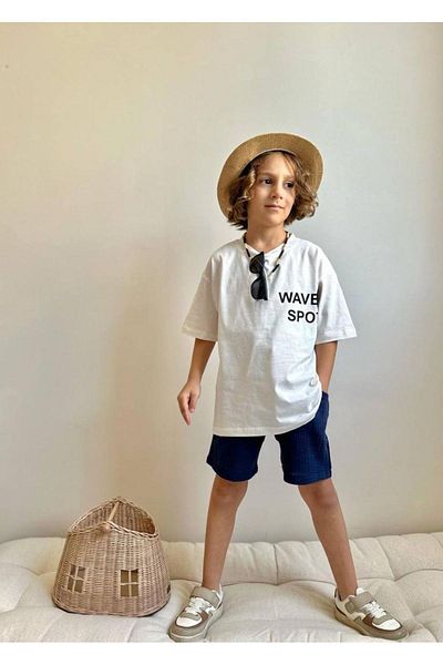 2kids2mom Back Print Detailed Bottom Fabric Muslin Fabric Boys' T-Shirt and Shorts Bottom Top Set