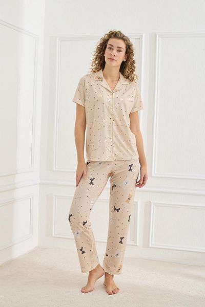Kompedan Γυναικείο Σετ Πυτζάμες με μοτίβο Polo Collar Lycra |   Μπεζ 70110-918