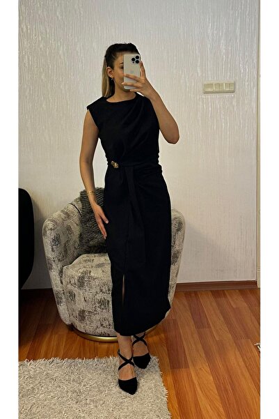 SHINE STYLE Bel Detaylı Drapeli Midi Boy Kalem Elbise Siyah