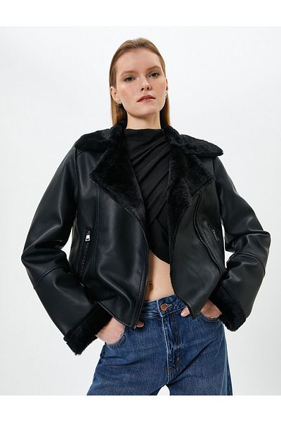 Koton Biker Jacket Faux Leather Εσωτερικό Faux Fur με φερμουάρ