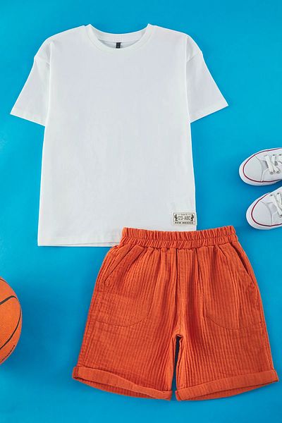 Pollito Boy's Labelled T-Shirt and Muslin Shorts Set of 2