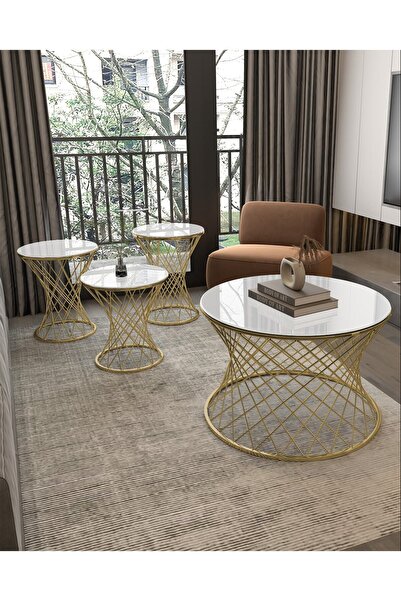 Puklife Hasır 4lü Zigon Sehpa Ve Orta Sehpa Seti Gold- Beyaz Cam