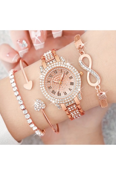 stainless steell VİP gül altın renk kuvars saat 3 parça lüks bileklik set