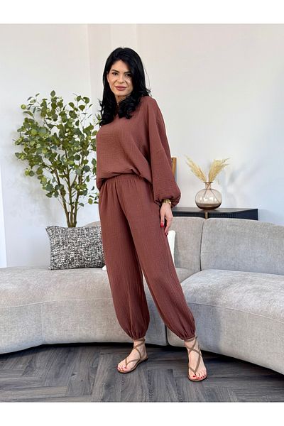 RAMONA BADESCU EXCLUSIVE Muslin Women's Costume - Loose Blouse and Long Pants with Elastic