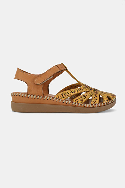 TUNAELLİ Women's Yellow Genuine Leather 35-41-42 Number Flat Wedge Heels Front Closed Strap Sandals