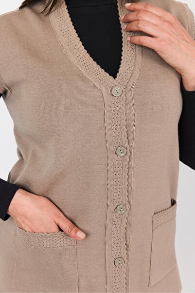 Uludağ Triko Women's Sand Buttoned Steel Knit Vest