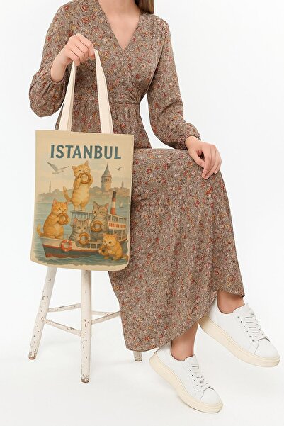 Çınar Bez Çanta Kanvas Simit Yiyen Kediler Baskılı Bez Çanta