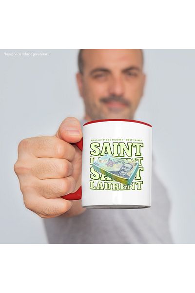 StoryGift Romania Mug ___ - 100 Romanian Lei, 330ml, Ceramic with Red Handle, With Red Handle