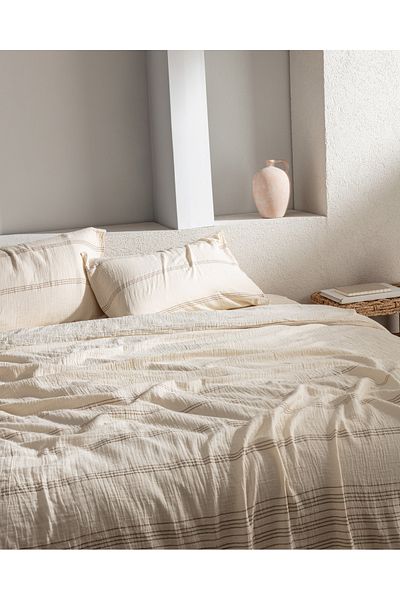 Madame Coco Breville Double Muslin Yarn Dyed Elastic Duvet Cover Set - Ecru/Khaki