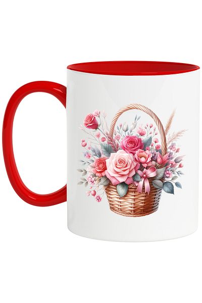 StoryGift Romania Mug with a basket of flowers, illustration, roses, red, pink, plants, gift, gift, With