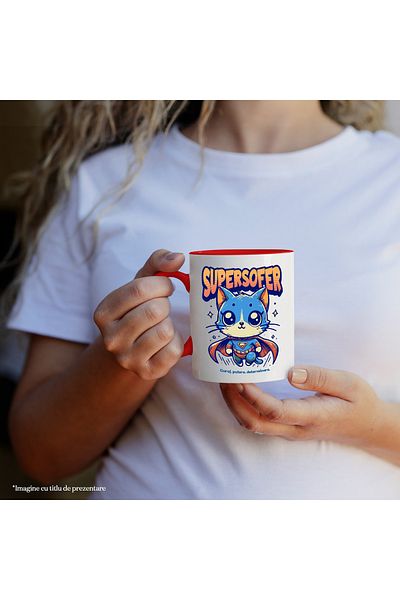 StoryGift Romania Super Driver Mug, Superhero, Flying Cat, 330ml, Ceramic with Red Handle, With R Handle, STG.